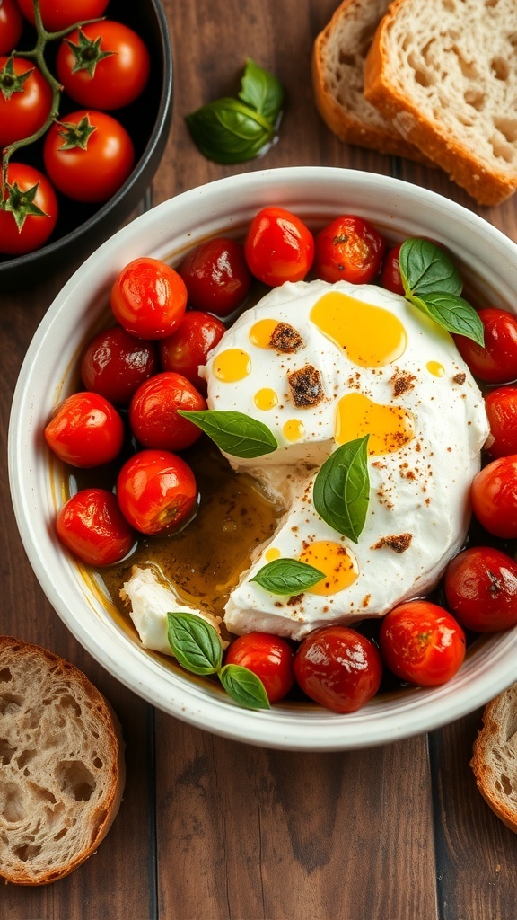 Baked feta with tomatoes in a dish, garnished with basil, served with crusty bread.
